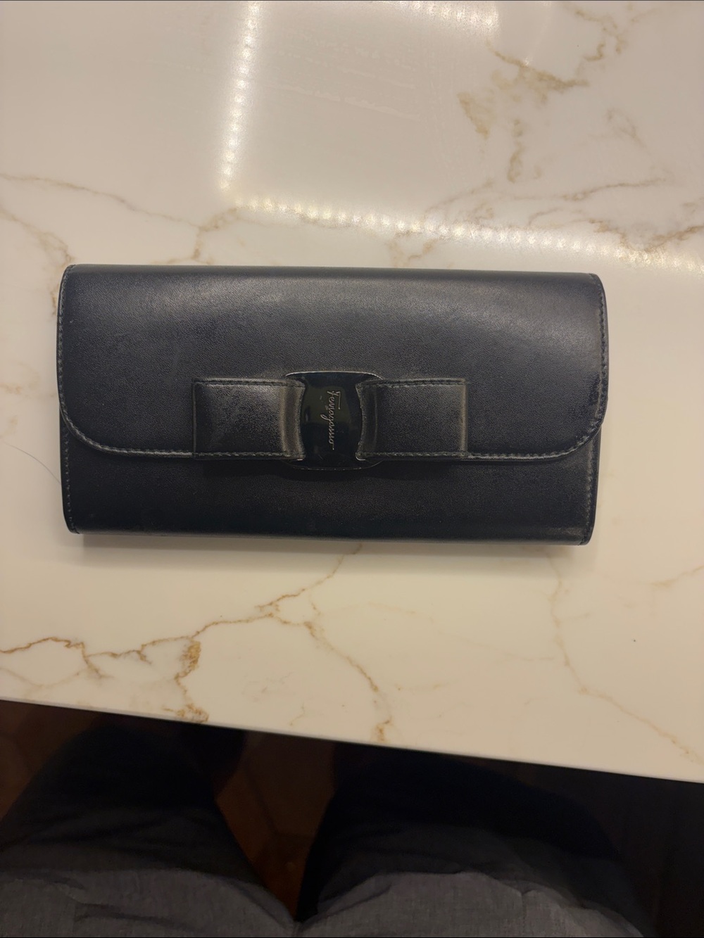 Salvatore Ferragamo Navy Leather Vara Bow Continental Wallet